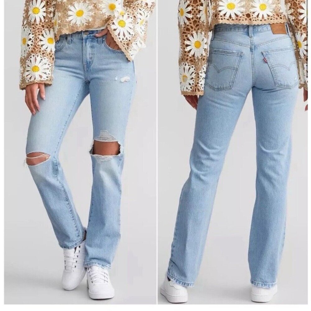 Levi's Premium MIDDY STRAIGHT WOMEN'S JEANS 33 Blue Light Wash Distressed